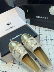 ESPADRILLES LOAFERS IN BEIGE TWEED AND GOLDEN LAMBSKIN