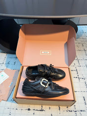 MIUMIU 26S LACE UP SNEAKERS IN BLACK CALFSKIN BUCKLE STRAP DETAIL