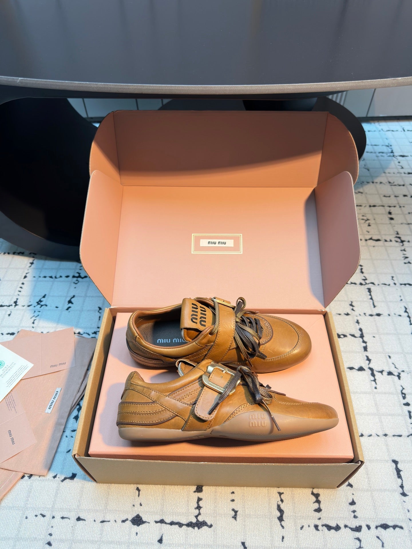 MIUMIU 26S LACE UP SNEAKERS IN BROWN CALFSKIN BUCKLE STRAP DETAIL