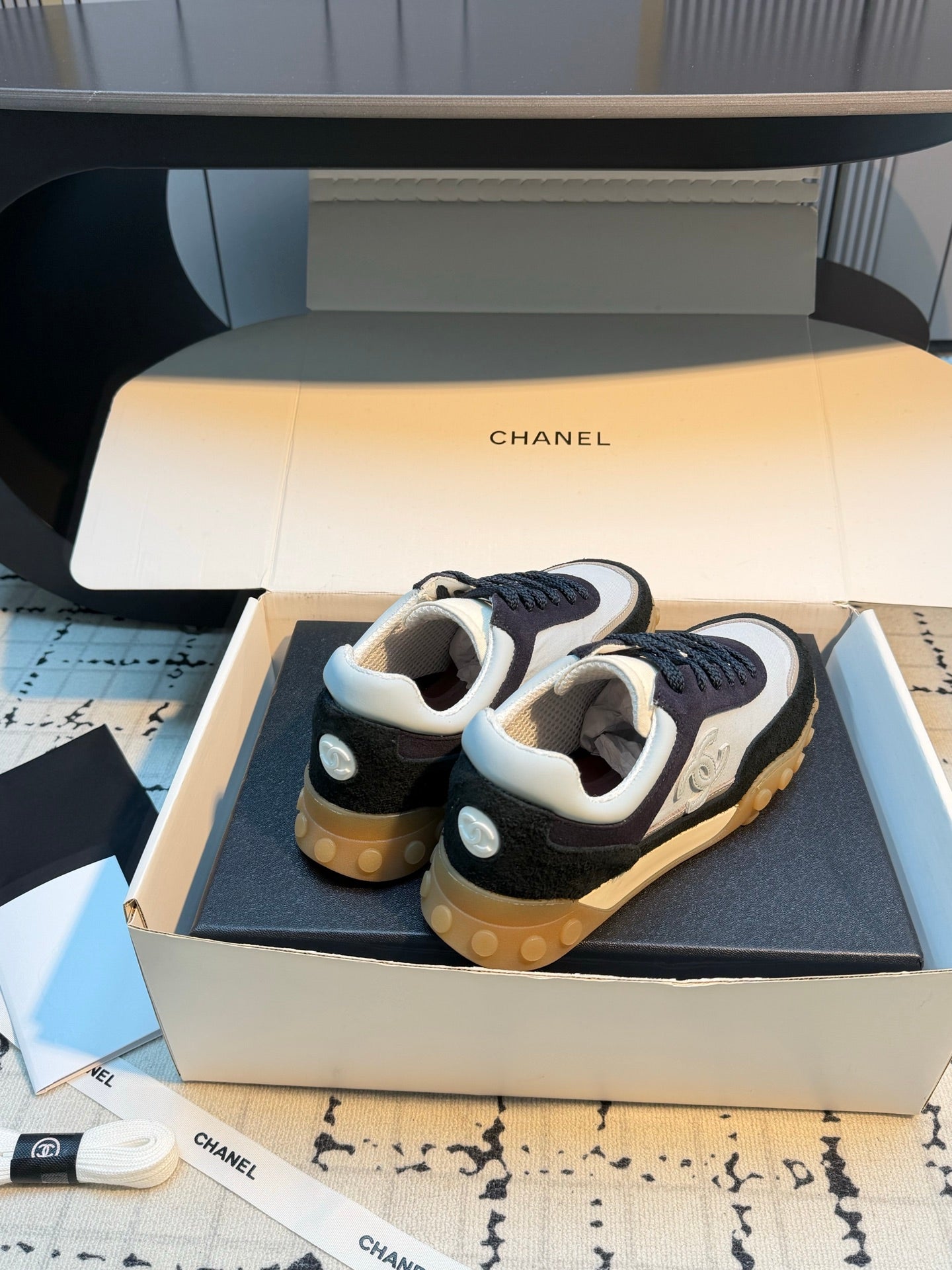 CHANEL 26S CHUNKY SNEAKERS IN GREY FABRIC AND BLACK SUEDE