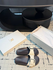 THE ROW 26S BUCKLE SLIDE SANDALS IN WHITE CALFSKIN