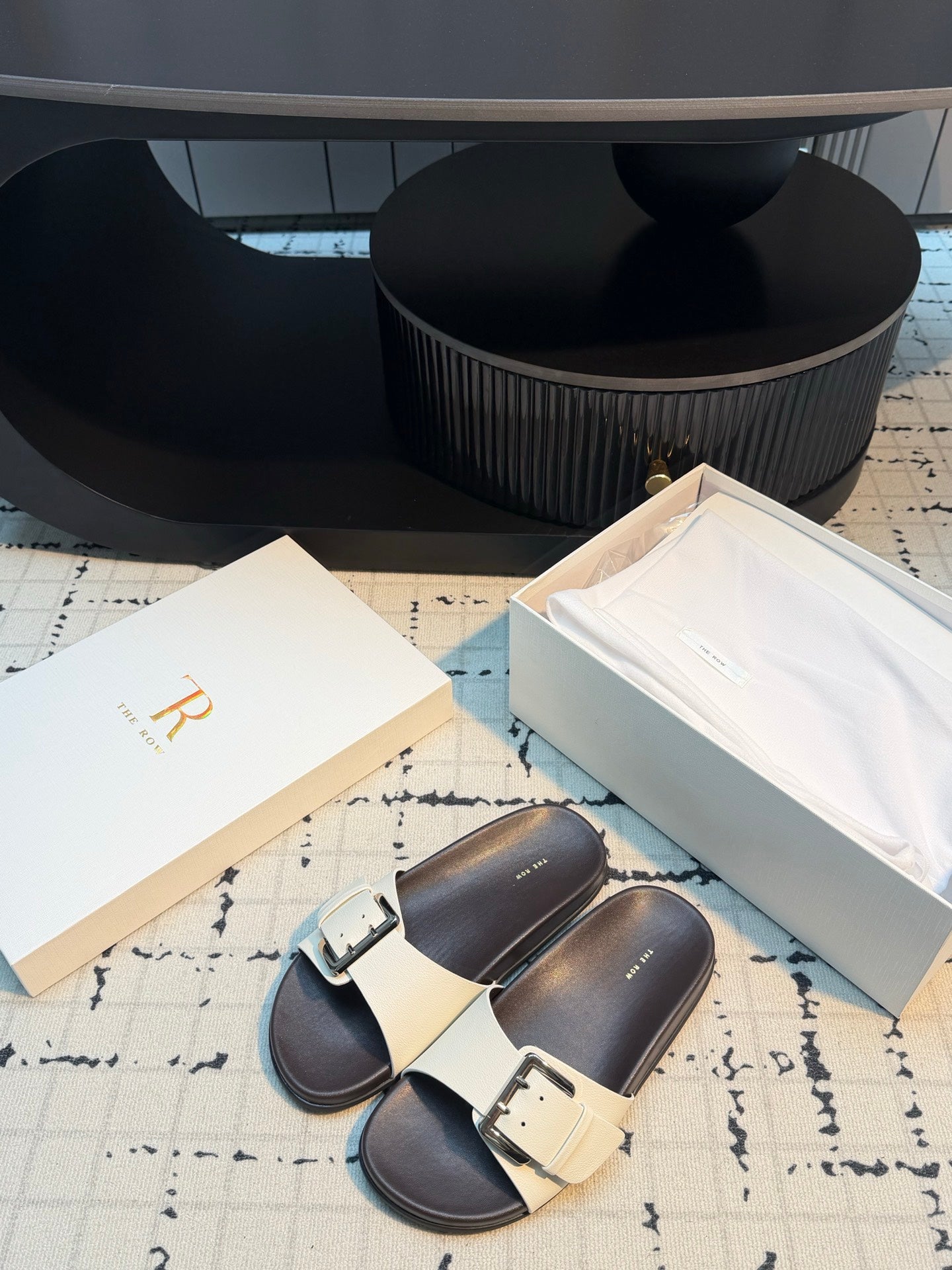 THE ROW 26S BUCKLE SLIDE SANDALS IN WHITE CALFSKIN