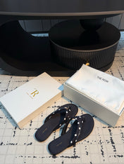 THE ROW 26S THONG SANDALS IN BLACK POLKA DOT SATIN