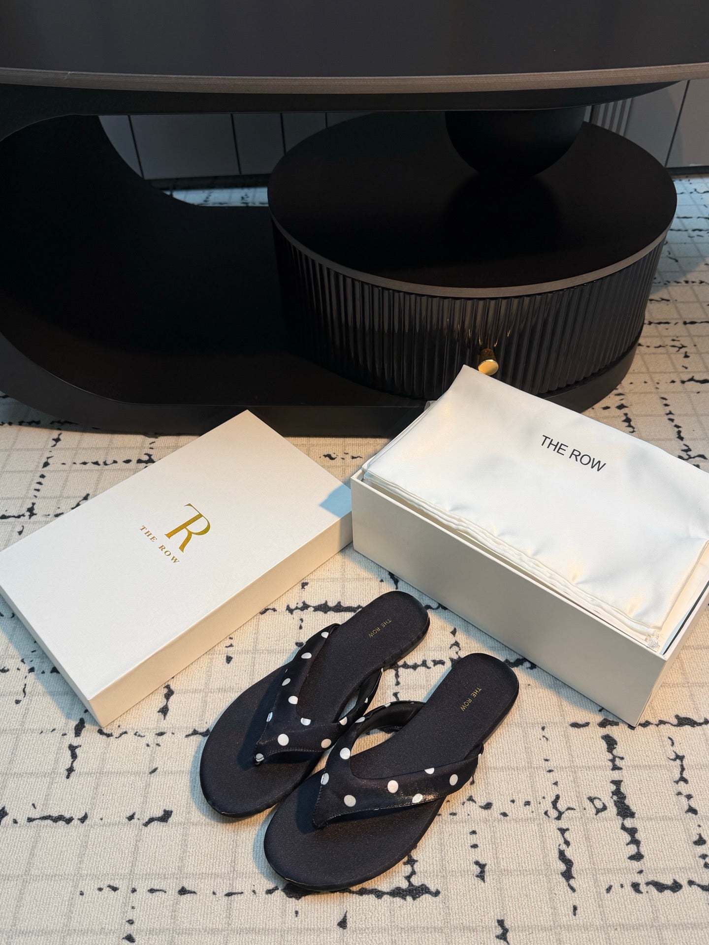 THE ROW 26S THONG SANDALS IN BLACK POLKA DOT SATIN