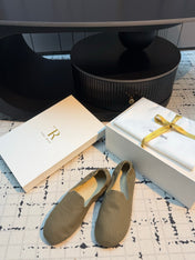 THE ROW 26S LOAFERS IN OLIVE GREEN CANVAS