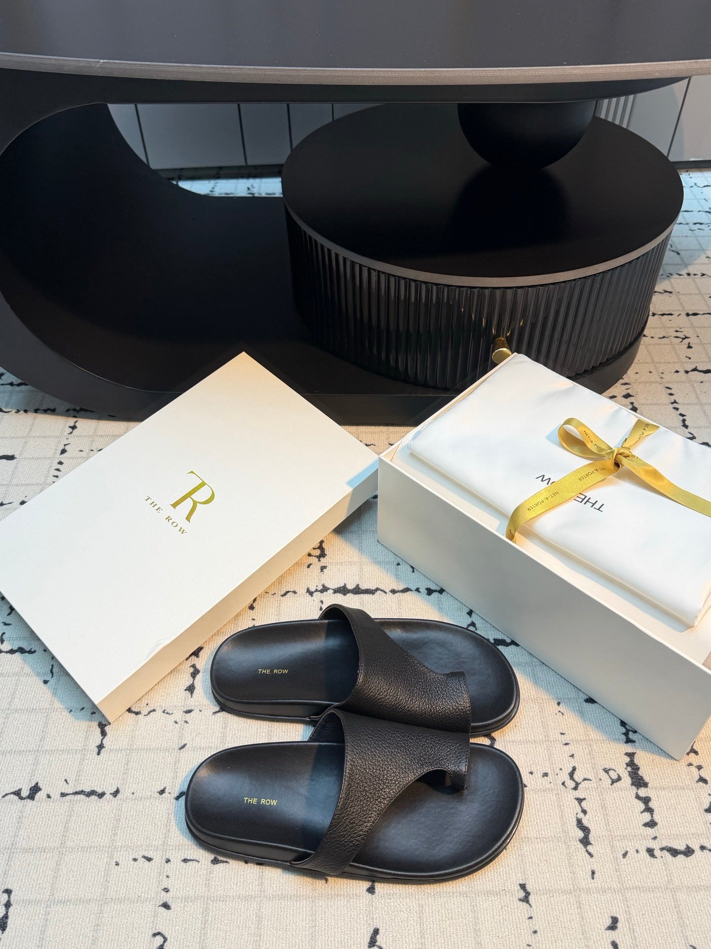 THE ROW 26S THONG SLIDE SANDALS IN BLACK CALFSKIN
