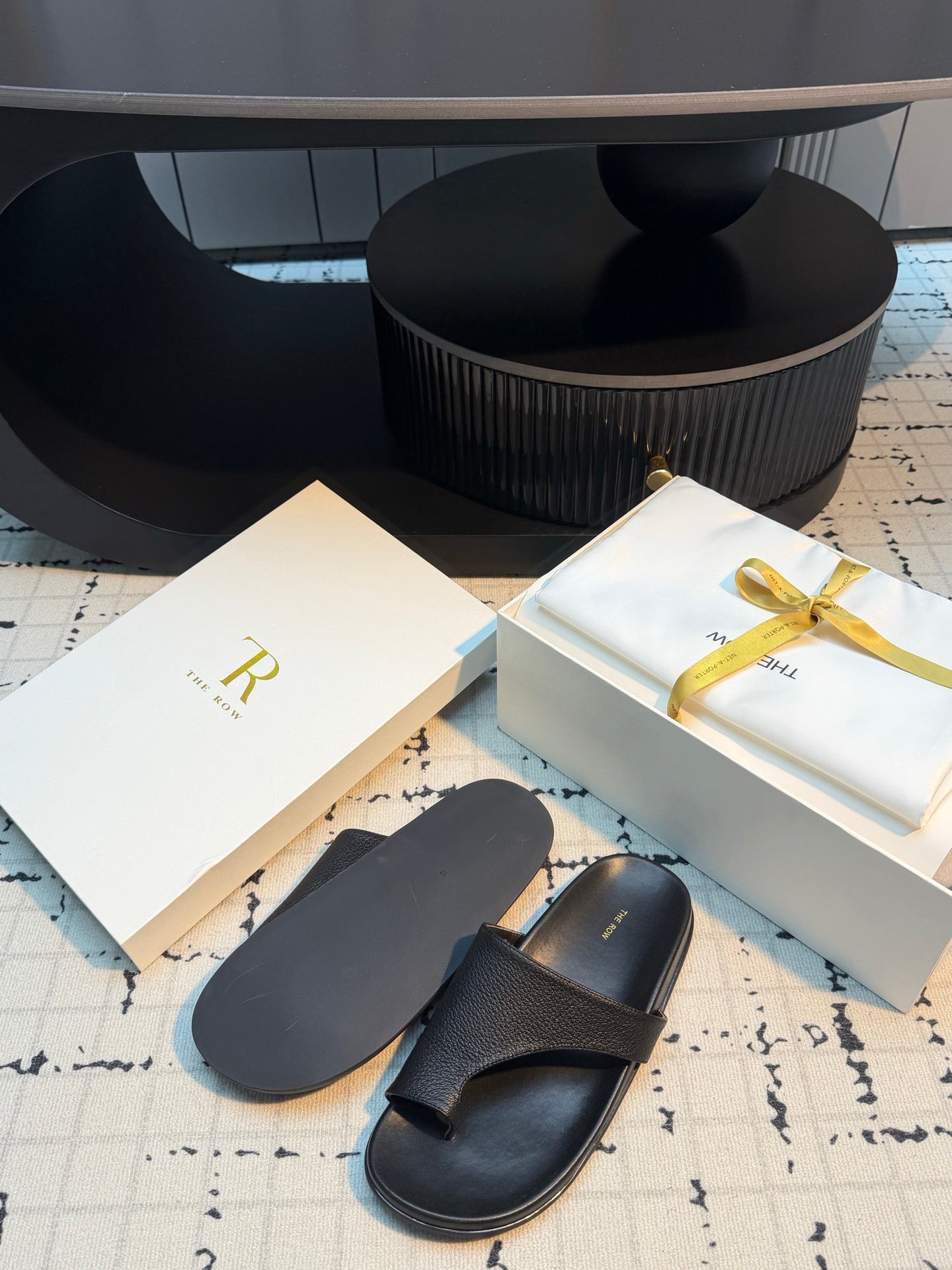 THE ROW 26S THONG SLIDE SANDALS IN BLACK CALFSKIN
