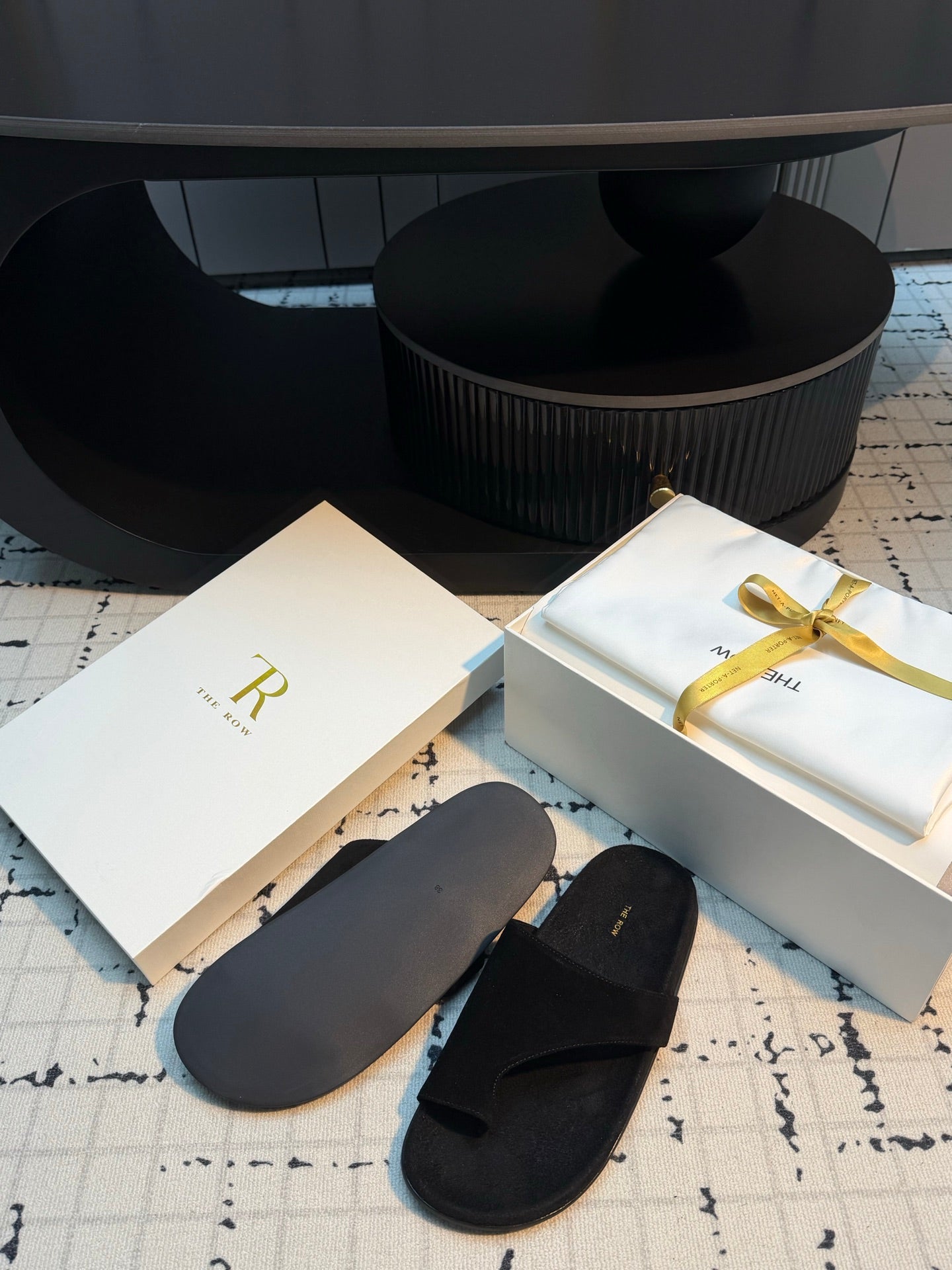 THE ROW 26S THONG SLIDE SANDALS IN BLACK SUEDE