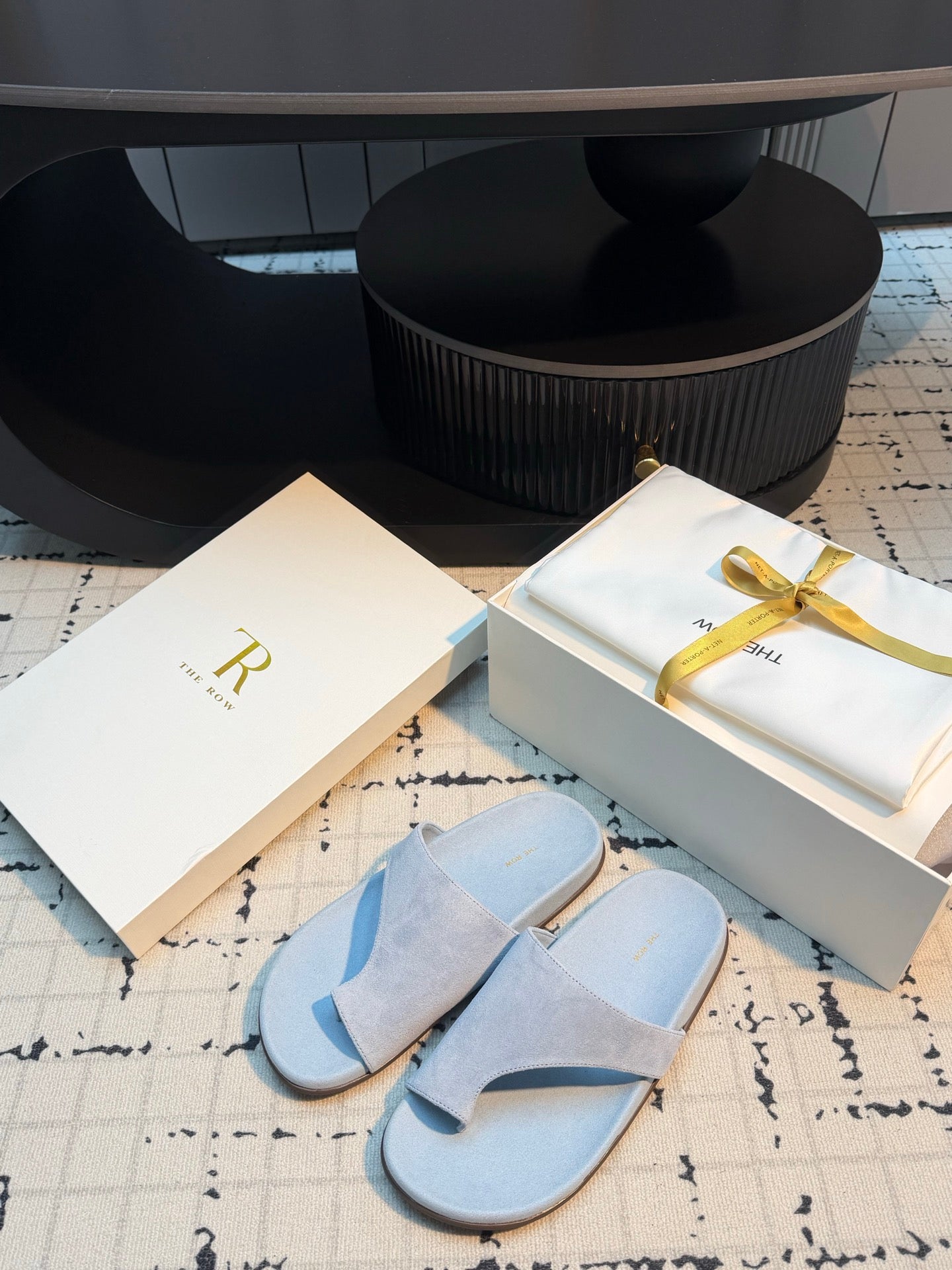 THE ROW 26S THONG SLIDE SANDALS IN POWDER BLUE SUEDE