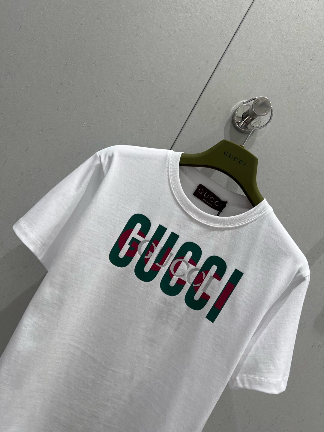 Gucci 2025 Print Short Sleeve T-shirt White Green Red Cotton