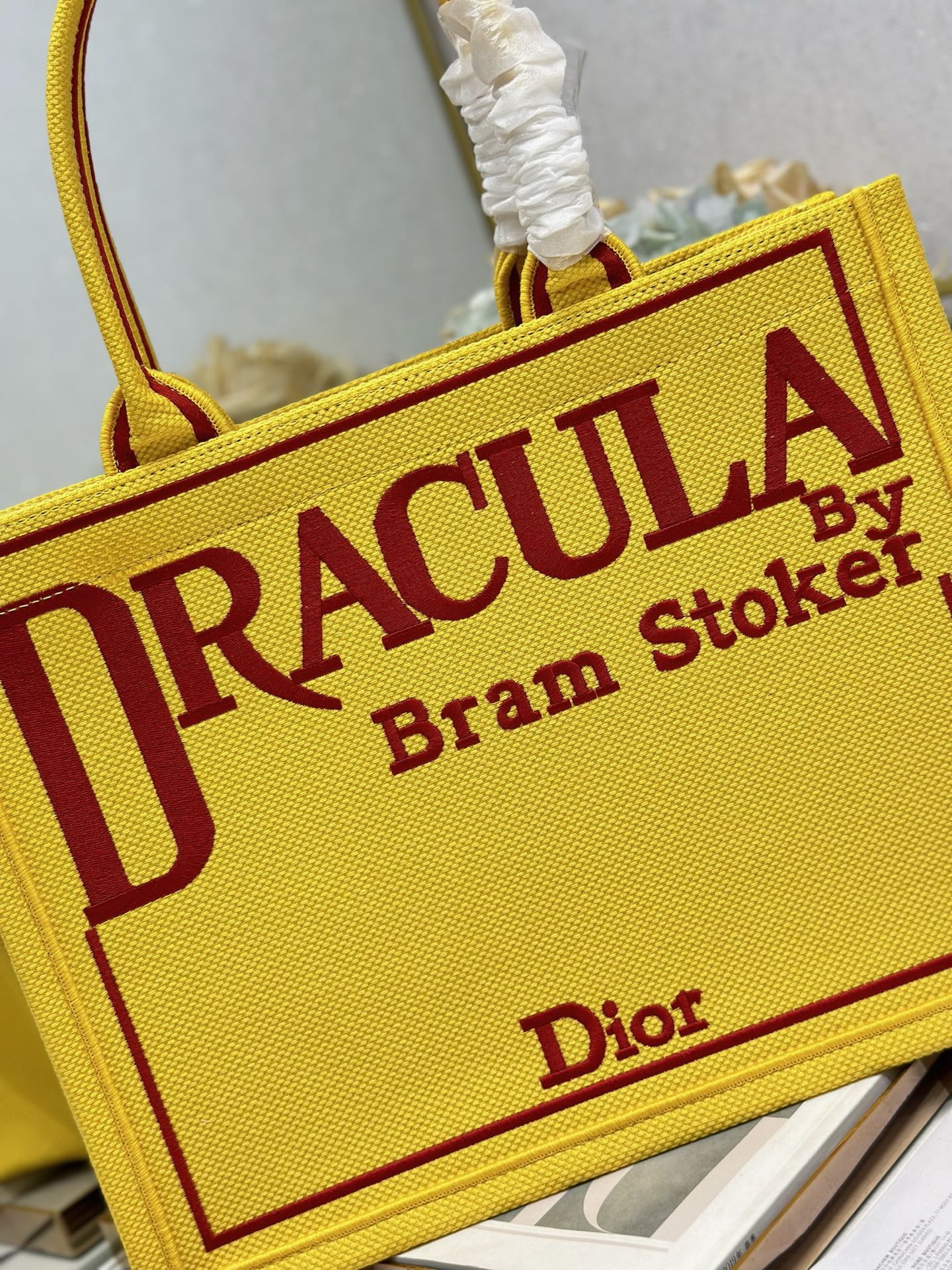 DIOR 26S BOOK TOTE BAG 36 IN YELLOW EMBROIDERED LETTERING FABRIC