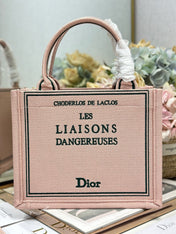 DIOR 26S BOOK TOTE BAG 26 IN PINK EMBROIDERED LETTERING FABRIC