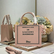 DIOR 26S BOOK TOTE BAG 26 IN PINK EMBROIDERED LETTERING FABRIC