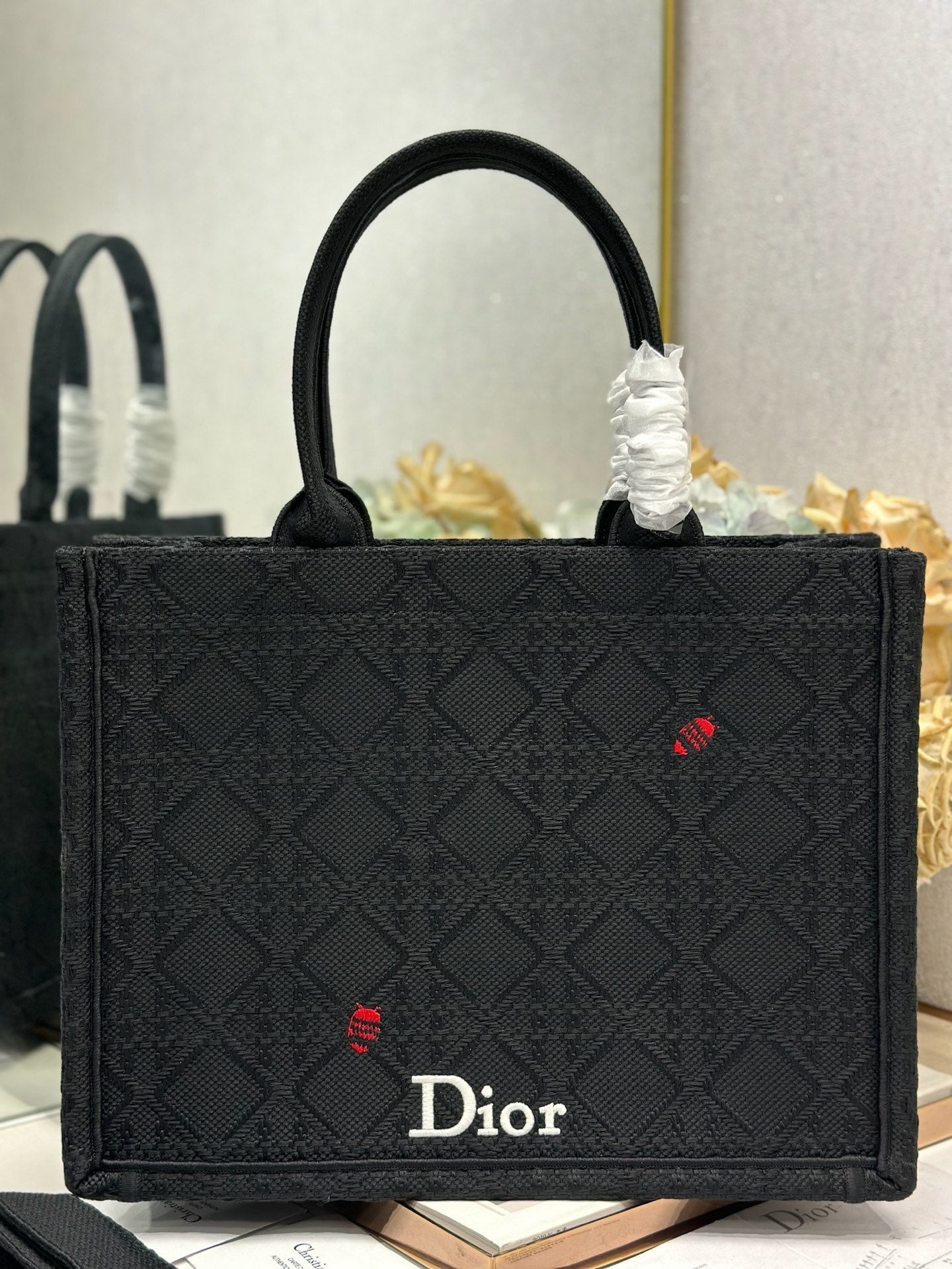 DIOR 26S BOOK TOTE BAG 36 IN BLACK BAYADERE FABRIC