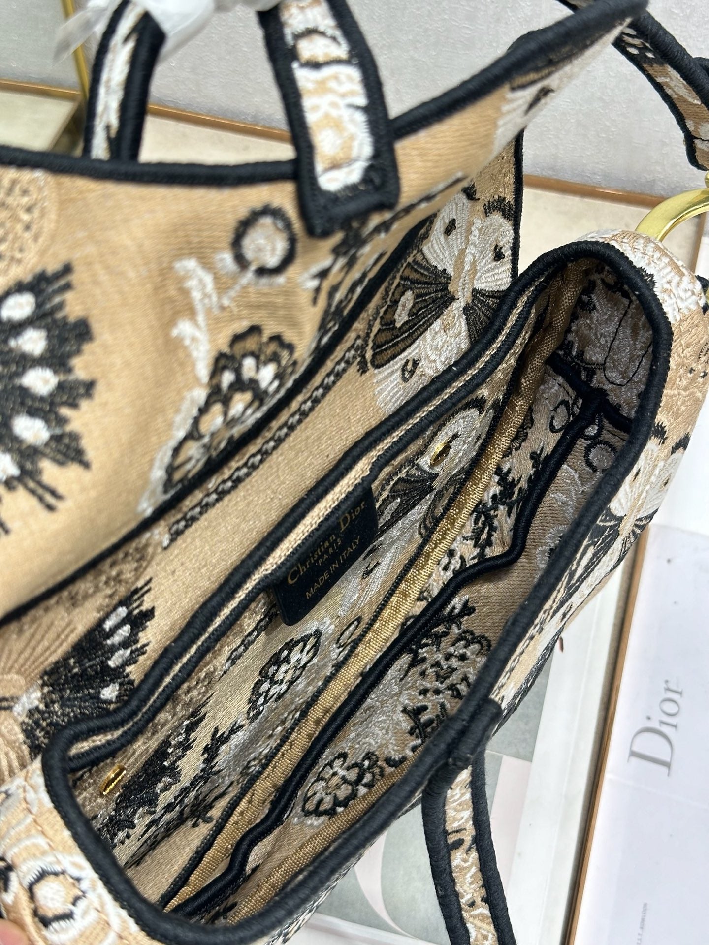 DIOR 26S SADDLE BAG 25 IN BEIGE MIX BLACK WOVEN FABRIC