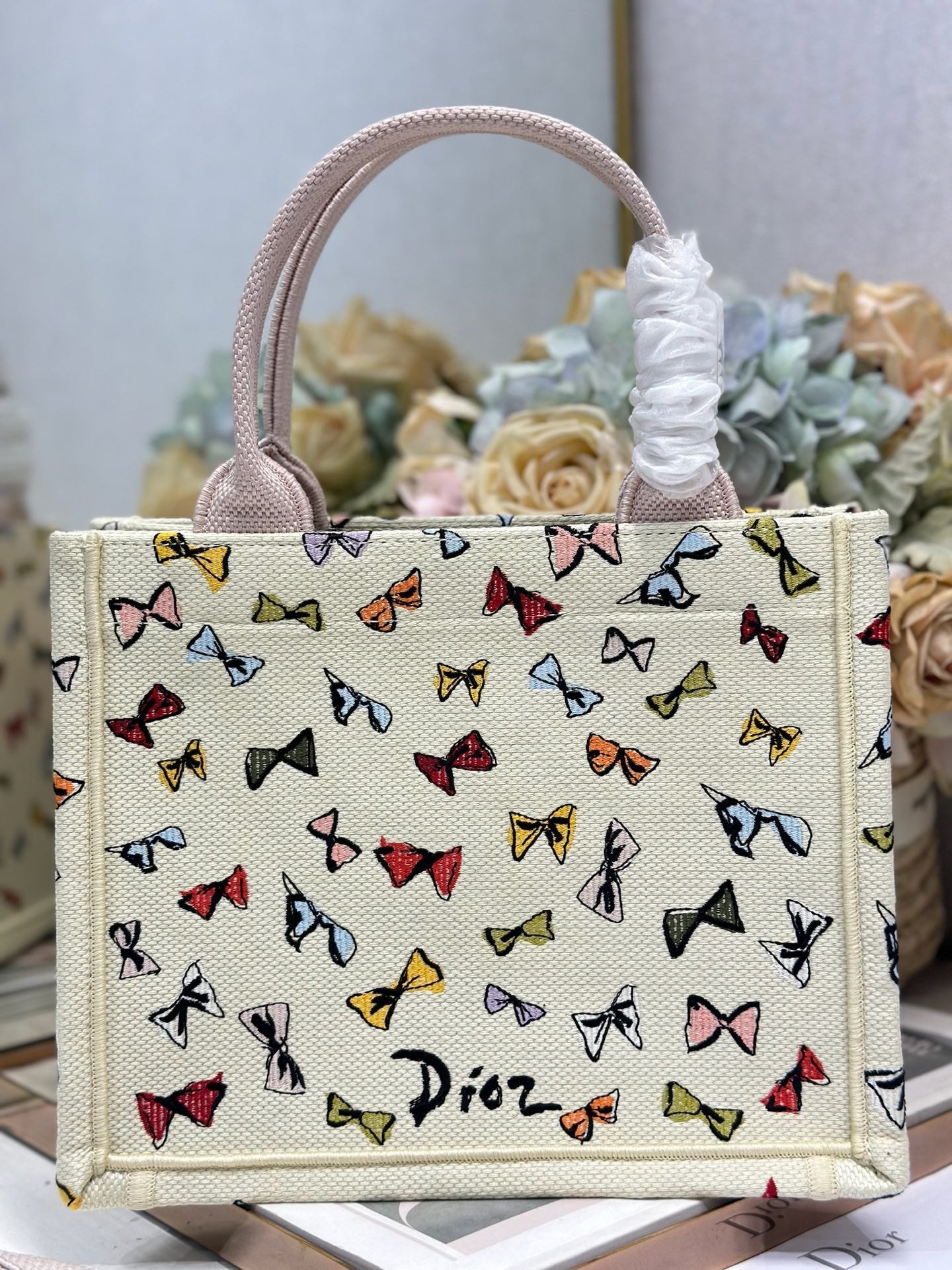 DIOR 26S MINI BOOK TOTE 26 IN BEIGE WHITE BOW PRINT WOVEN FABRIC