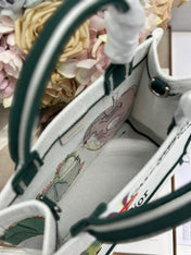DIOR 26S MINI BOOK TOTE 26 IN CREAM WHITE AND GREEN WOVEN FABRIC