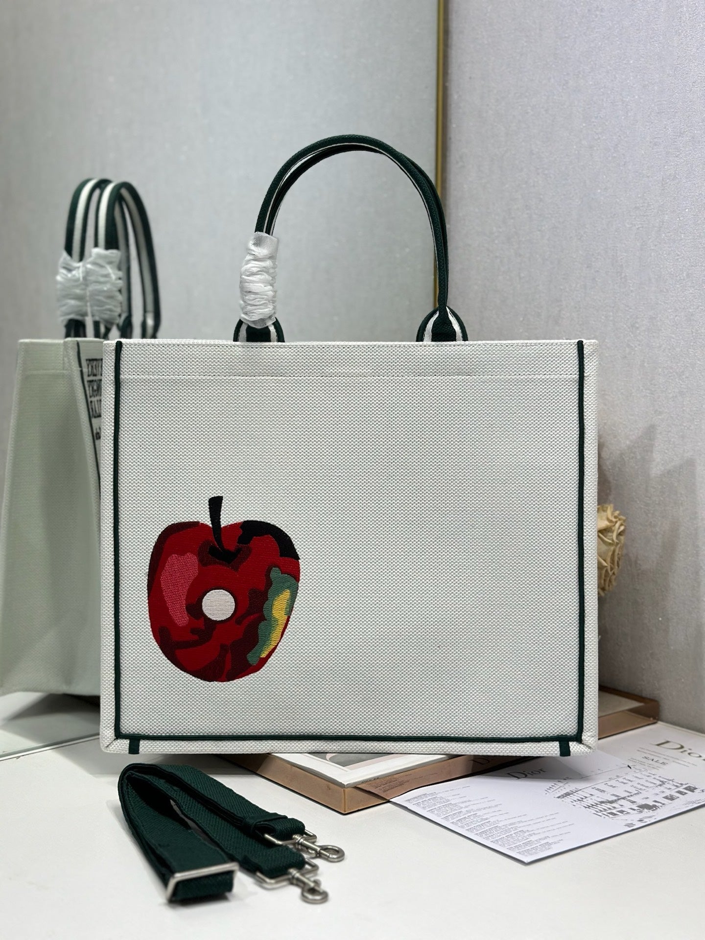DIOR 26S LARGE BOOK TOTE 42 IN CREAM WHITE AND GREEN WOVEN FABRIC