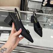 CHANEL 25S SANDALS WITH A BOW 60MM IN SPARKLING BLACK CANVAS