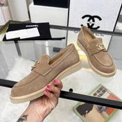 CC PEARL LOGO LOAFERS IN CINNAMON BROWN SUEDE