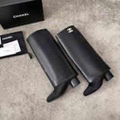 CHANEL 25S HIGH BOOTS 55MM IN BLACK CALFSKIN AND CANVAS GOLD HARDWARE
