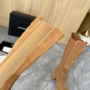 CHANEL 25S HIGH BOOTS STRETCHY SHAFT 85MM IN CARAMEL SUEDE GOLD HARDWARE