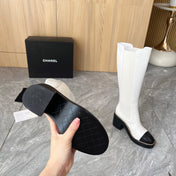CHANEL 25S HIGH BOOTS STRETCHY SHAFT 85MM IN WHITE MIX BLACK CALFSKIN GOLD HARDWARE