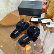 CHANEL 25S FUR SLIPPERS IN BLACK LOGO GOLD HARDWARE