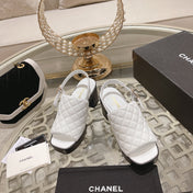 Double C  Chunky Heel Peep-Toe Open Sandals White Lambskin