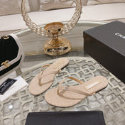 Double CC Rhinestone Flip  Flop Thongs Beige Cream Sheepskin