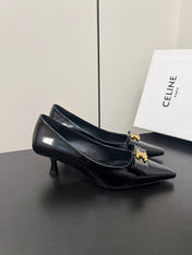TRIOMPHE POINTED-TOE HIGH PUMPS IN BLACK SHINY CALFSKIN