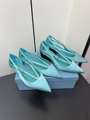 CUT-OUT PUMPS WITH BEAD BUCKLE IN TURQUOISE BLUE SATIN