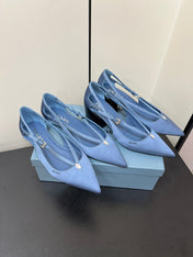 CUT-OUT PUMPS WITH BEAD BUCKLE IN PERANO BLUE SATIN