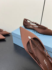 CUT-OUT BALLERINA FLAT IN CHOCOLATE BROWN SATIN ATTACHED BEAD BUCKLE