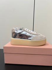 THICK-SOLED RETRO SNEAKERS IN SILVER METALLIC LAMBSKIN AND BEIGE SUEDE
