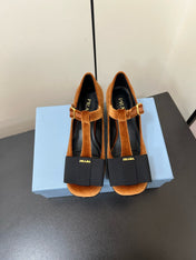 BOW MARY JANE PUMPS WITH T-STRAP IN BRONZE BROWN VELVET