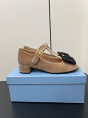 BOW MARY JANE PUMPS WITH T-STRAP IN PECAN PIE VELVET