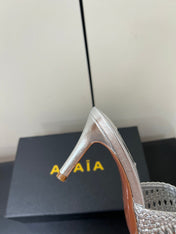ALAIA HIGH HEEL 25S 70 MM IN SILVER LAMBSKIN WITH WOVEN PATTERN