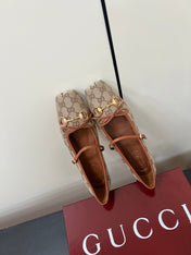 GG MARY JANE 25S IN MINK BROWN CANVAS MIX LAMBSKIN WITH GOLD HARDWARE