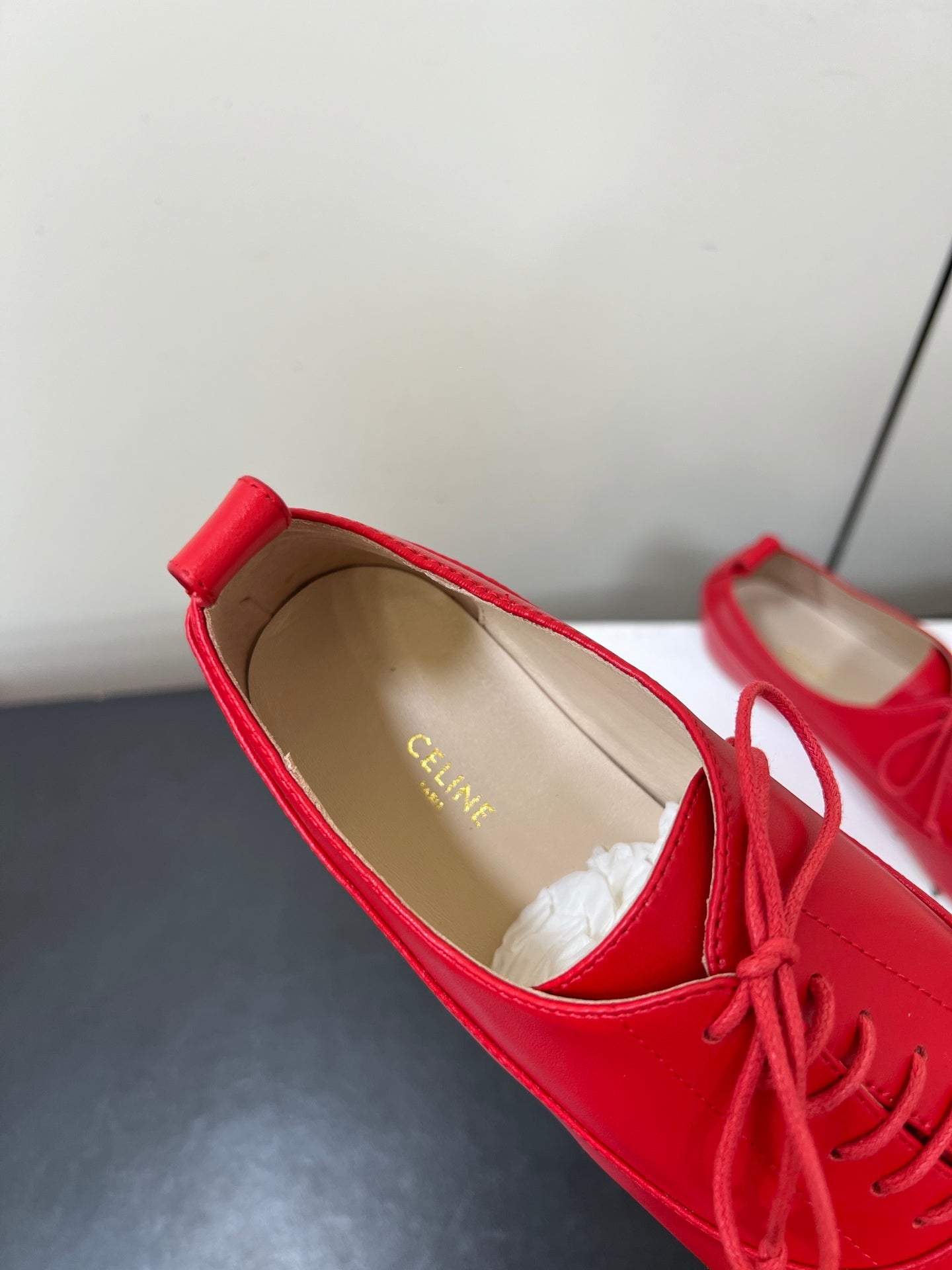 CELINE 26S MINIMAL LACE-UP SHOES IN RED CALFSKIN