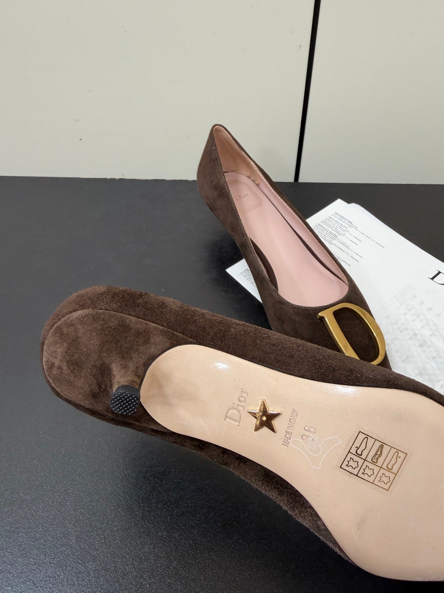 DIOR 26S POINTED-TOE HIGH HEELS 35MM IN DARK BROWN SUEDE GOLD HARDWARE