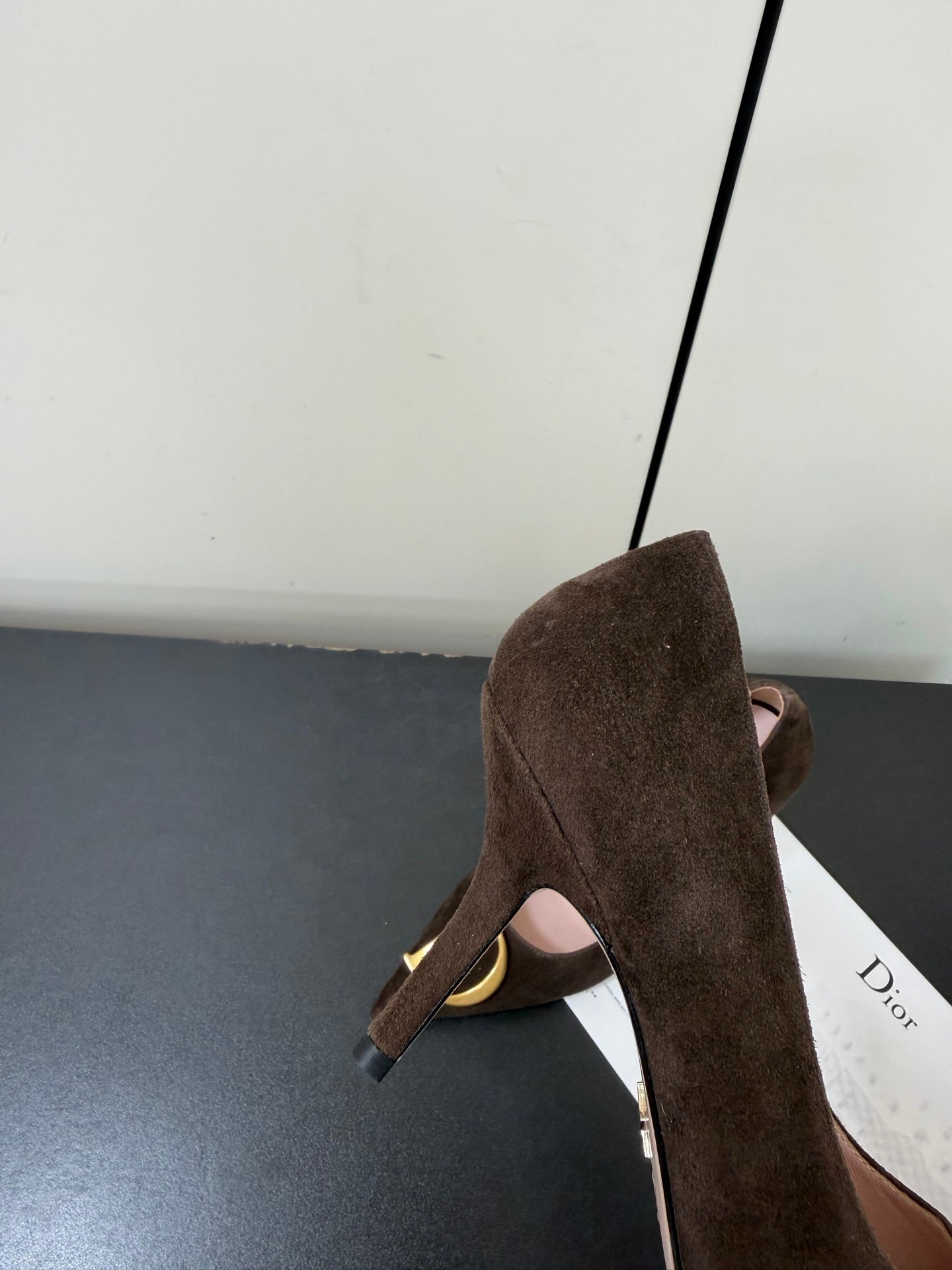 DIOR 26S POINTED-TOE HIGH HEELS 70MM IN DARK BROWN SUEDE GOLD HARDWARE