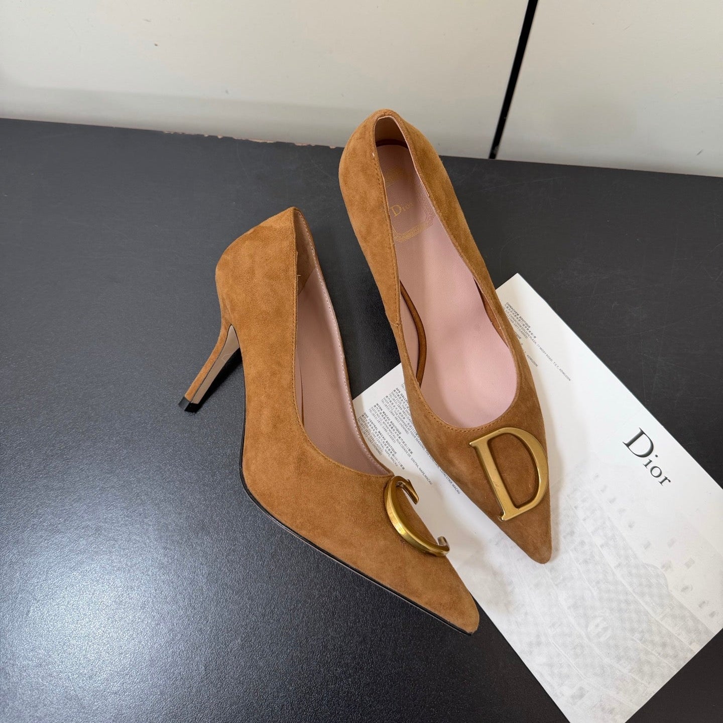 DIOR 26S POINTED-TOE HIGH HEELS 70MM IN TAN BROWN SUEDE GOLD HARDWARE