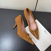 DIOR 26S POINTED-TOE HIGH HEELS 70MM IN TAN BROWN SUEDE GOLD HARDWARE