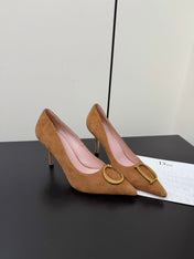 DIOR 26S POINTED-TOE HIGH HEELS 70MM IN TAN BROWN SUEDE GOLD HARDWARE