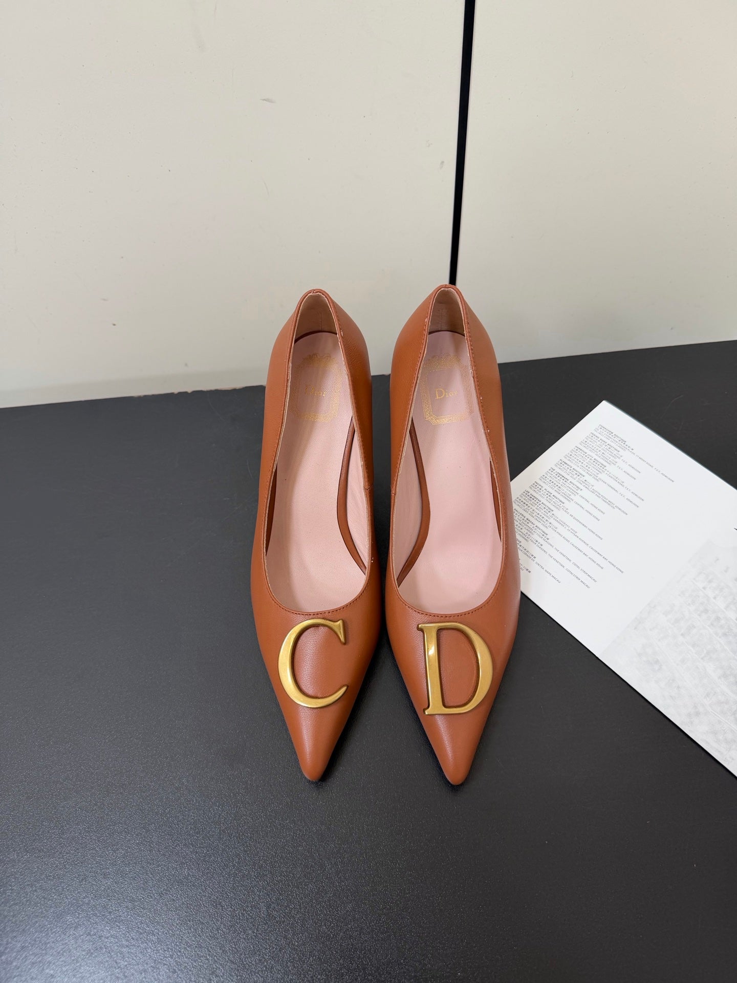 DIOR 26S POINTED-TOE HIGH HEELS 70MM IN RUST BROWN CALFSKIN GOLD HARDWARE