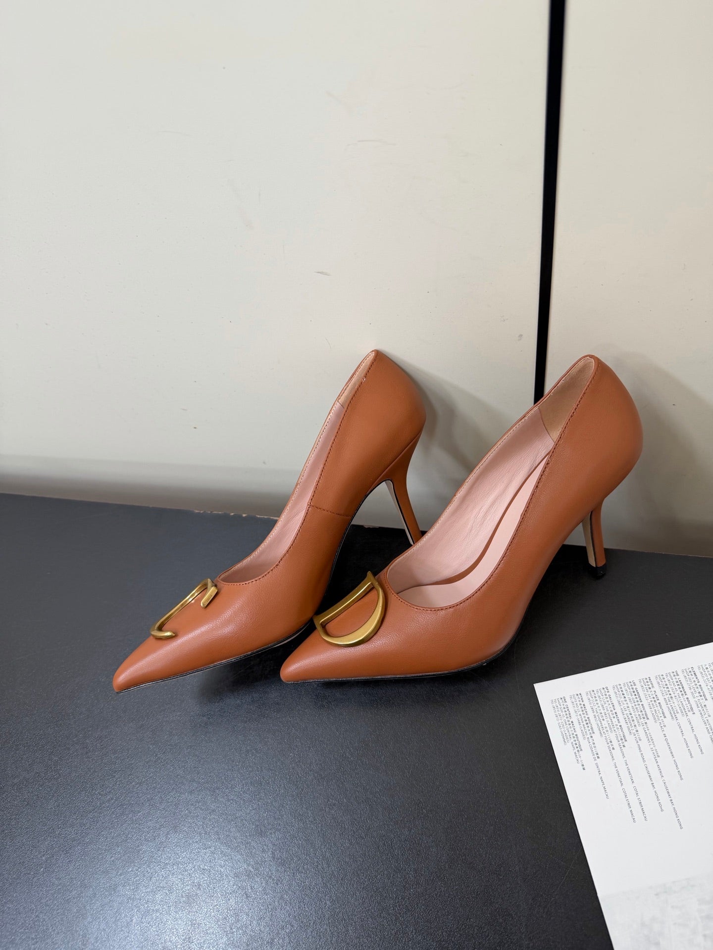 DIOR 26S POINTED-TOE HIGH HEELS 70MM IN RUST BROWN CALFSKIN GOLD HARDWARE