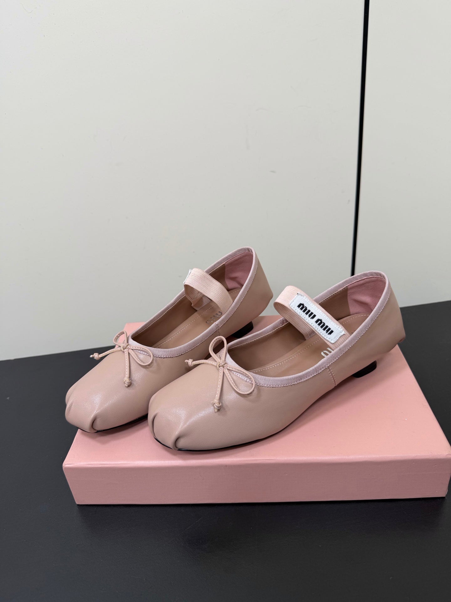 MIUMIU 26S FAIRY BALLET FLATS IN DARK NUDE CALFSKIN