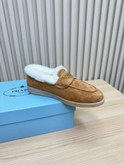LOAFER IN CAMEL SUEDE AND FUR LINING ATTACHED TRIANGLE LOGO