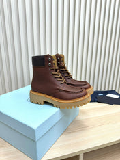 PRADA 25S LACE-UP ANKLE BOOTS IN DARK BROWN CALFSKIN